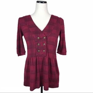 Kimchi Blue Red Plaid Bronze Button Top